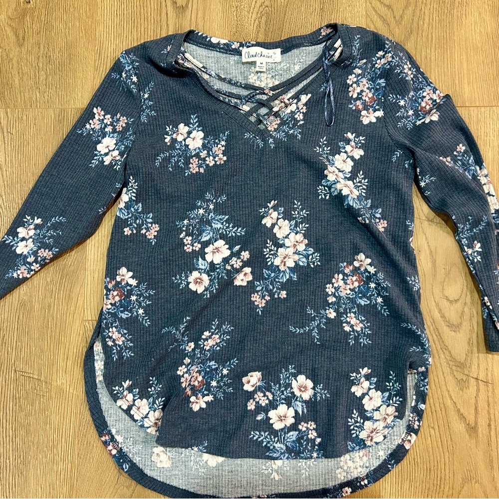 Cloud Chaser Navy Floral Lace-Up Top